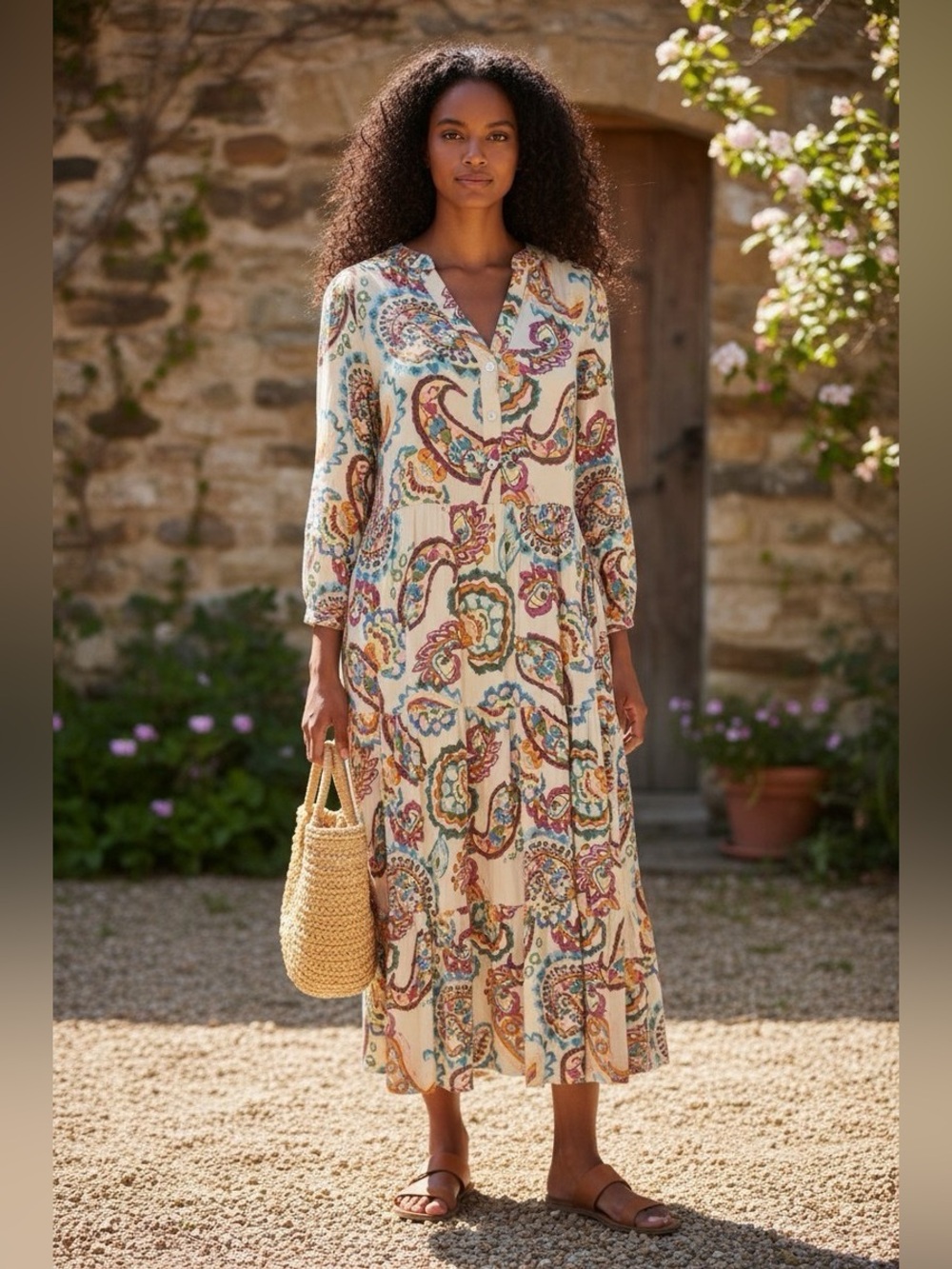Kate & Sam Paisley Midi Dress M Boho Flowy 3/4 Sleeve 100% Rayon